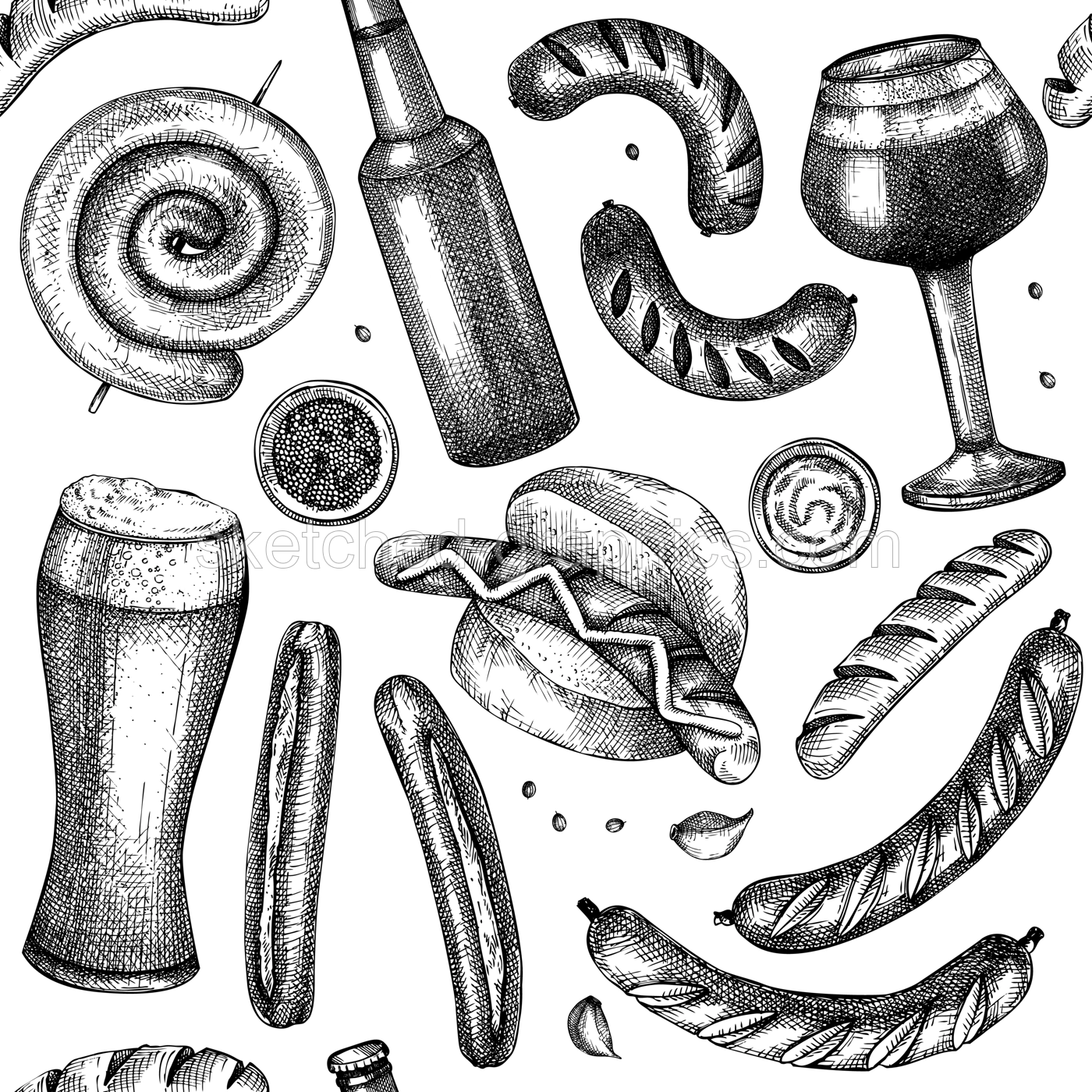 Oktoberfest background with grilled sausage and beer sketches. Hand-drawn fast food illustration. Barbeque party sketched design. German food seamless pattern. Fast food backdrop Illustration